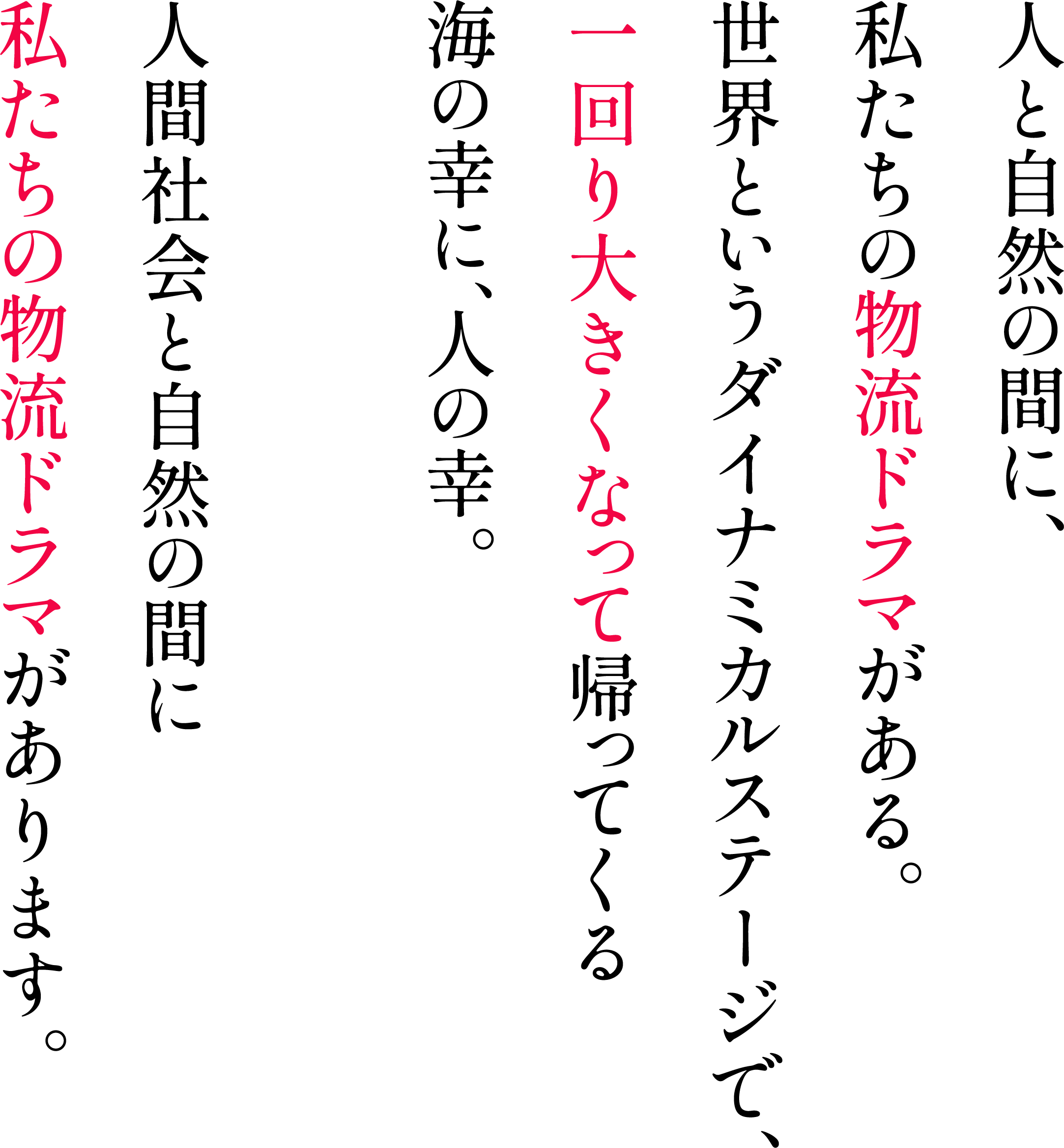 人と自然の間に、私たちの物流ドラマがある。世界というダイナミカルステージで、一回り大きくなって帰ってくる海の幸に、人の幸。人間社会と自然の間に私たちの物流ドラマがあります。